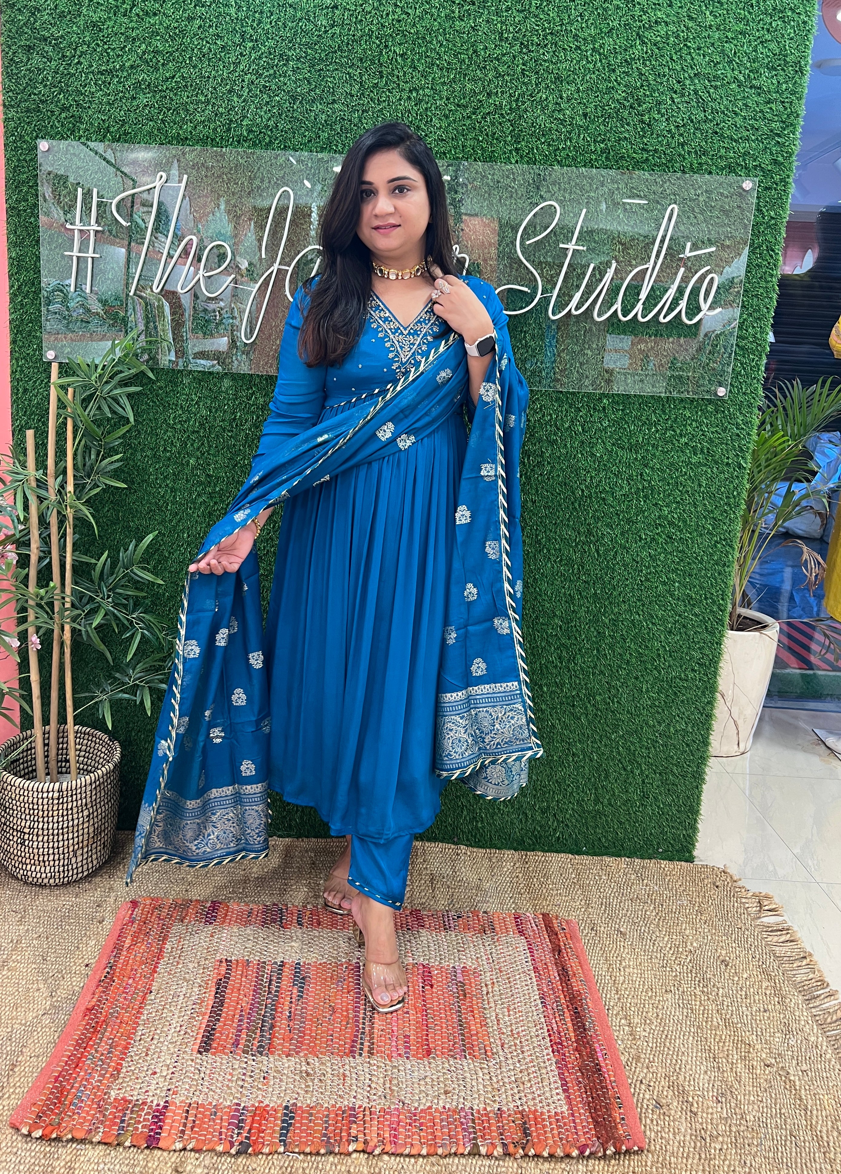 Chinon Blue Hand Embroidered Alia Cut Pant set - The Jaipur Studio