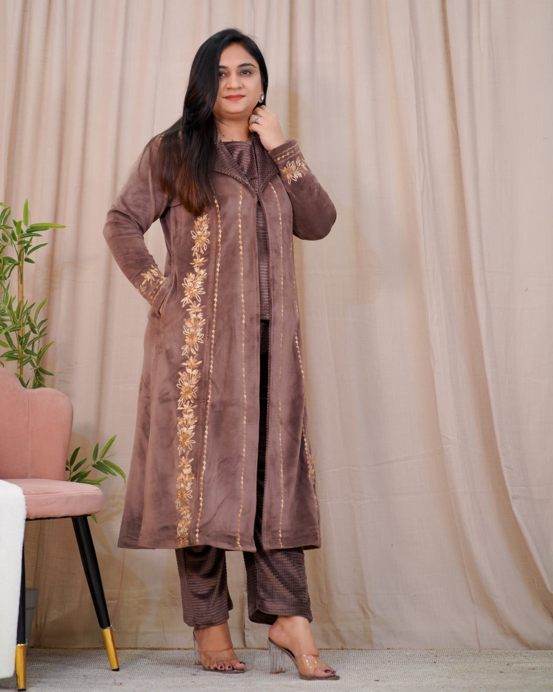 Woollen Embroidered Long Shrug Pant Set