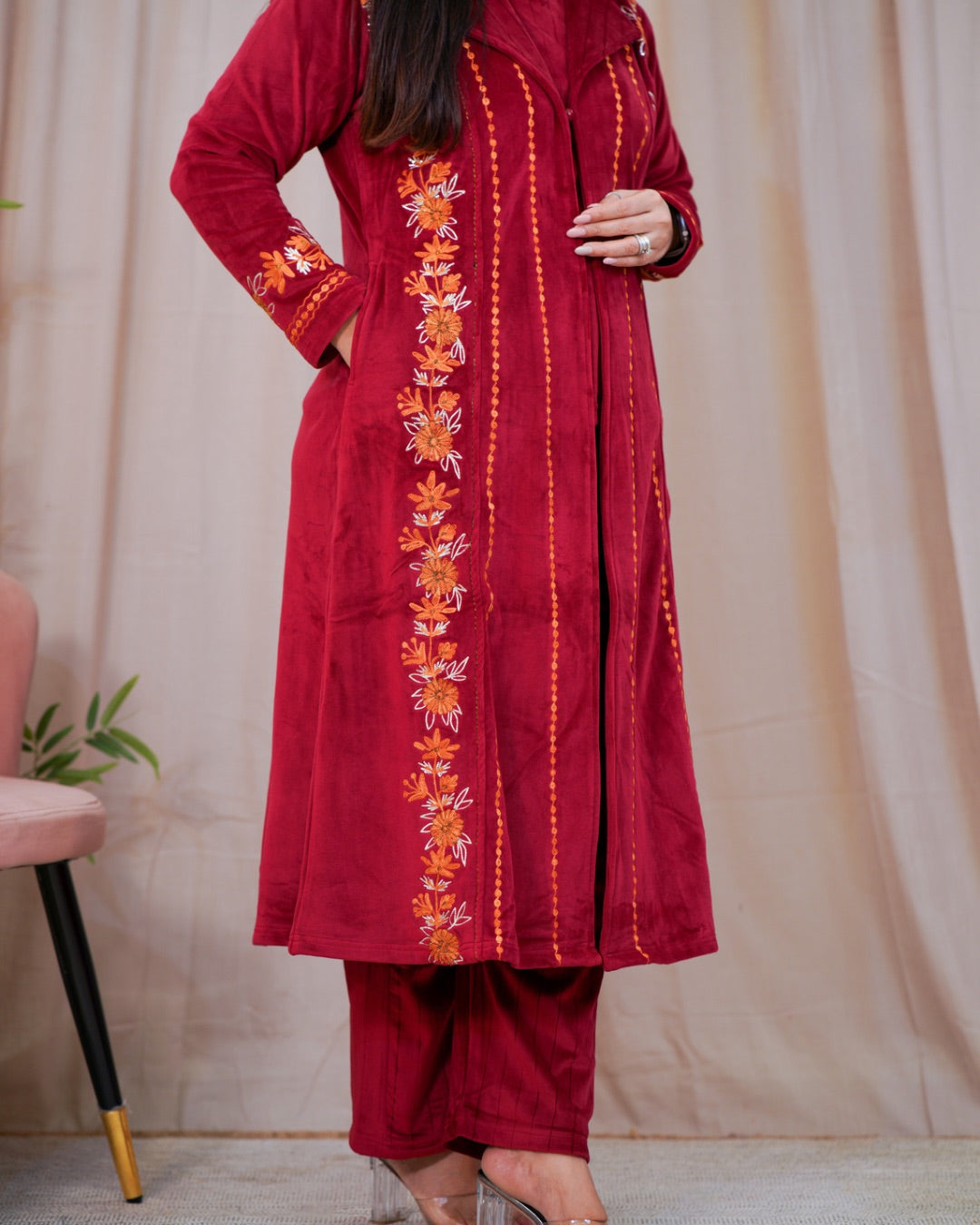 Woollen Embroidered Long Shrug Pant Set