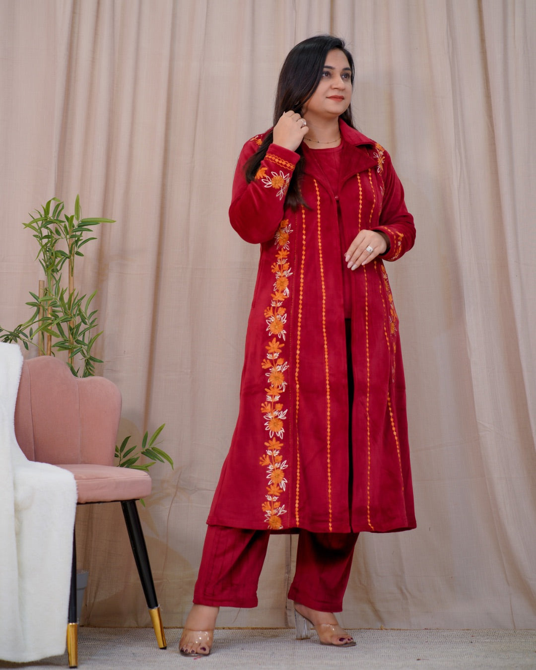 Woollen Embroidered Long Shrug Pant Set