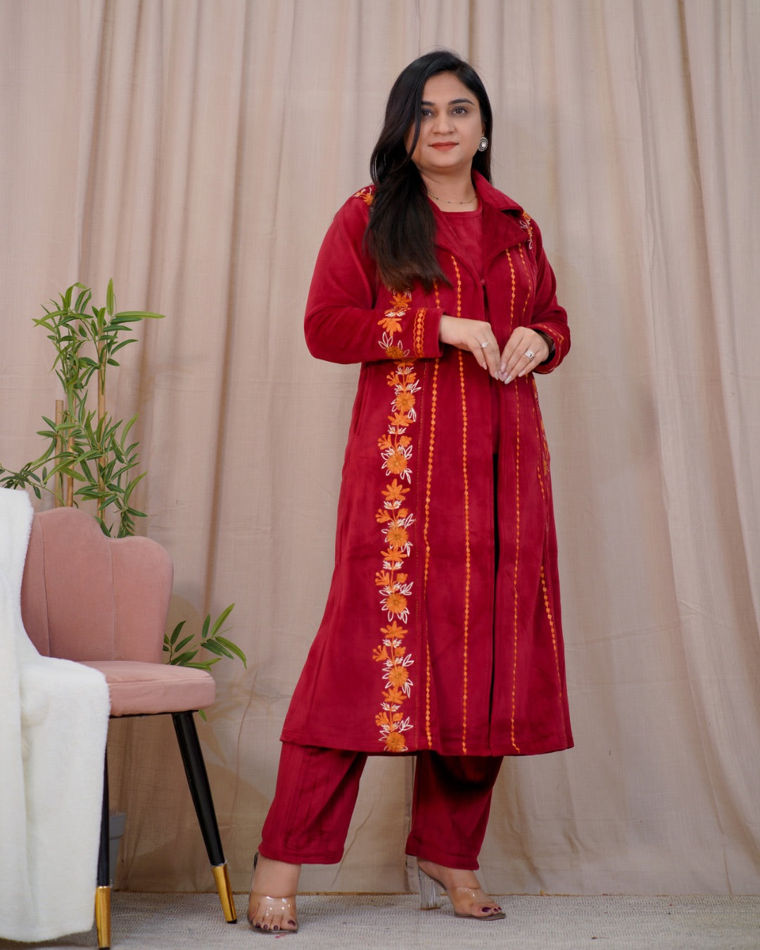 Woollen Embroidered Long Shrug Pant Set