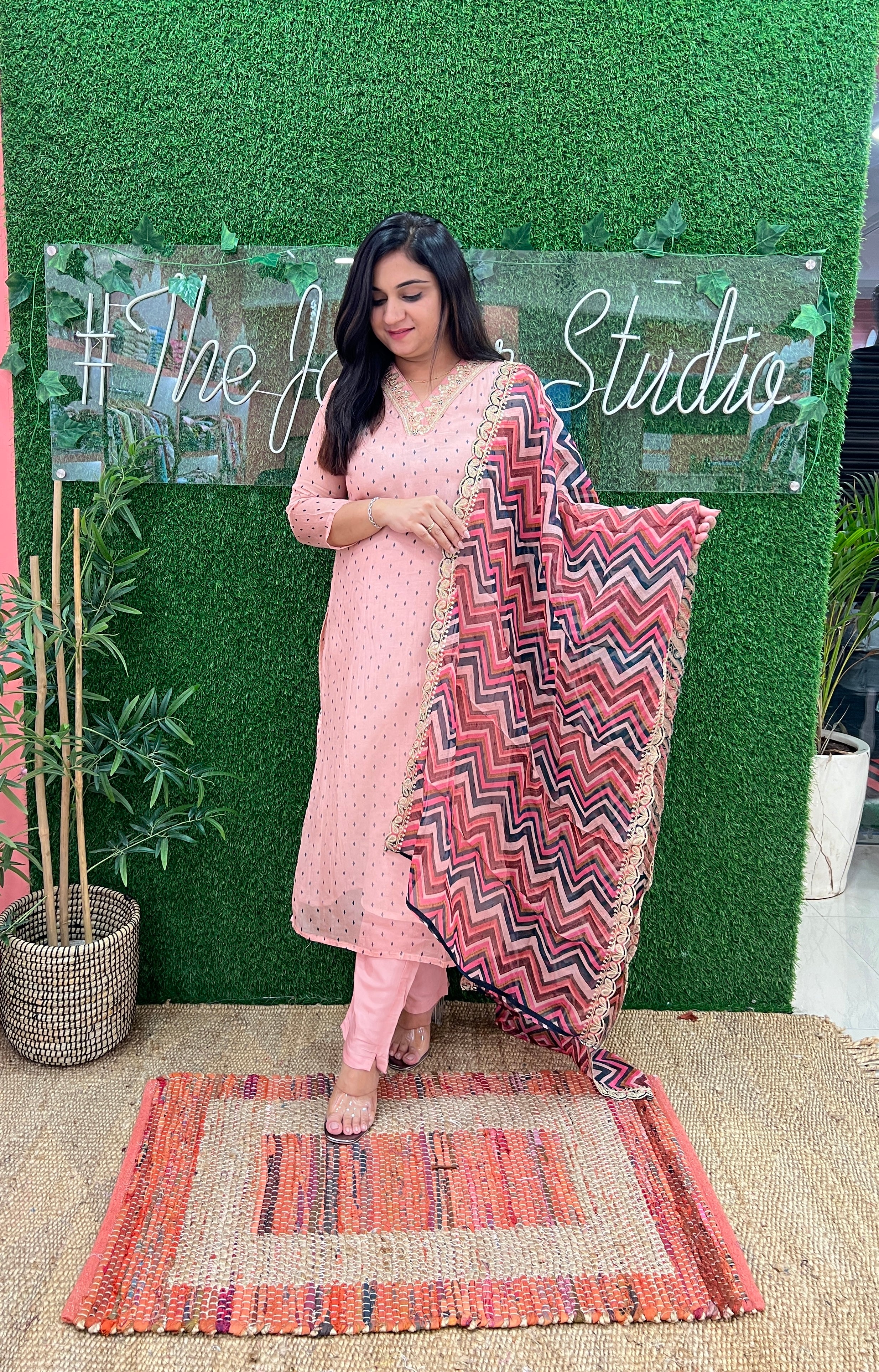 Russian Silk Peach Embroidered Pant Set - The Jaipur Studio