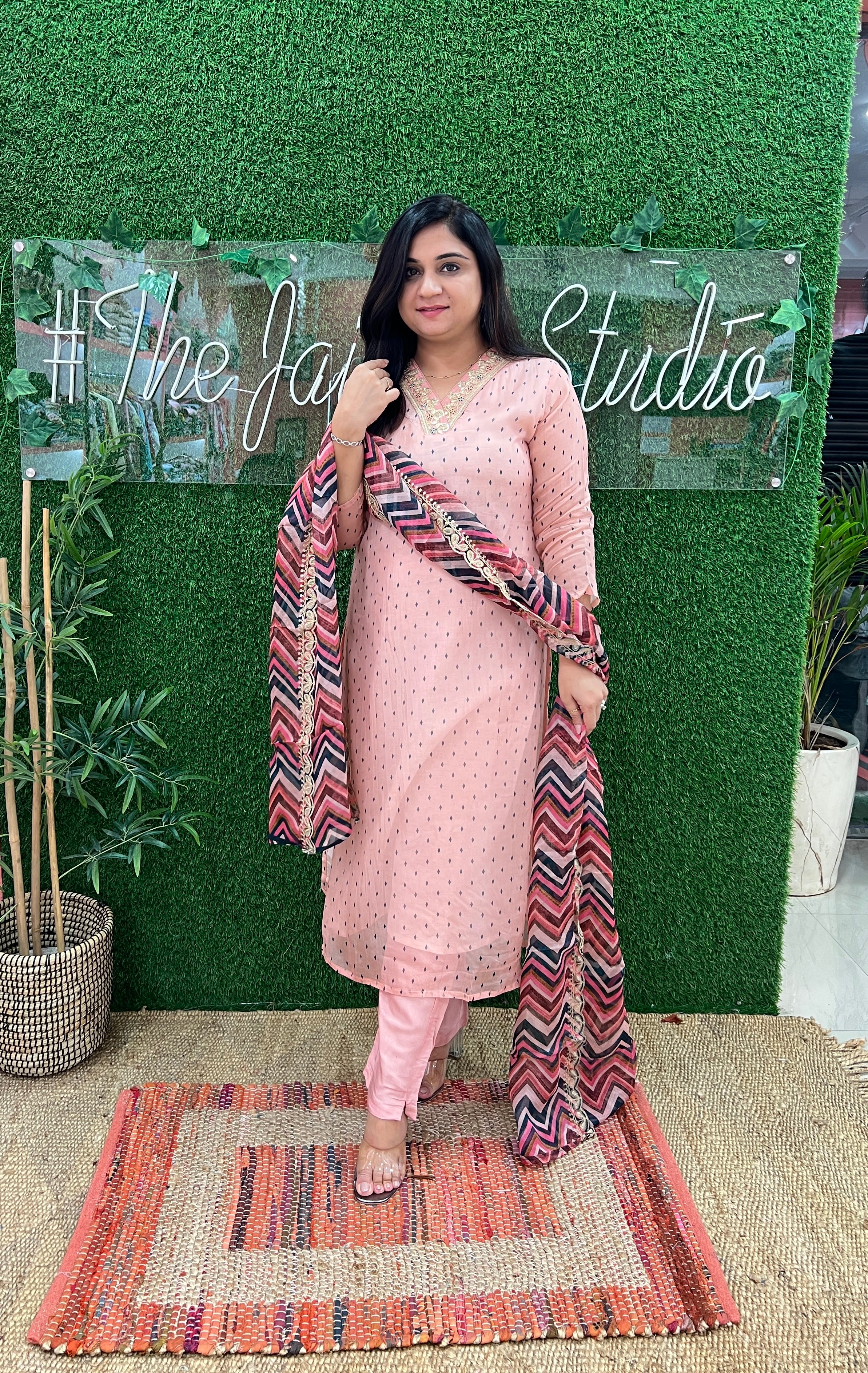 Russian Silk Peach Embroidered Pant Set - The Jaipur Studio