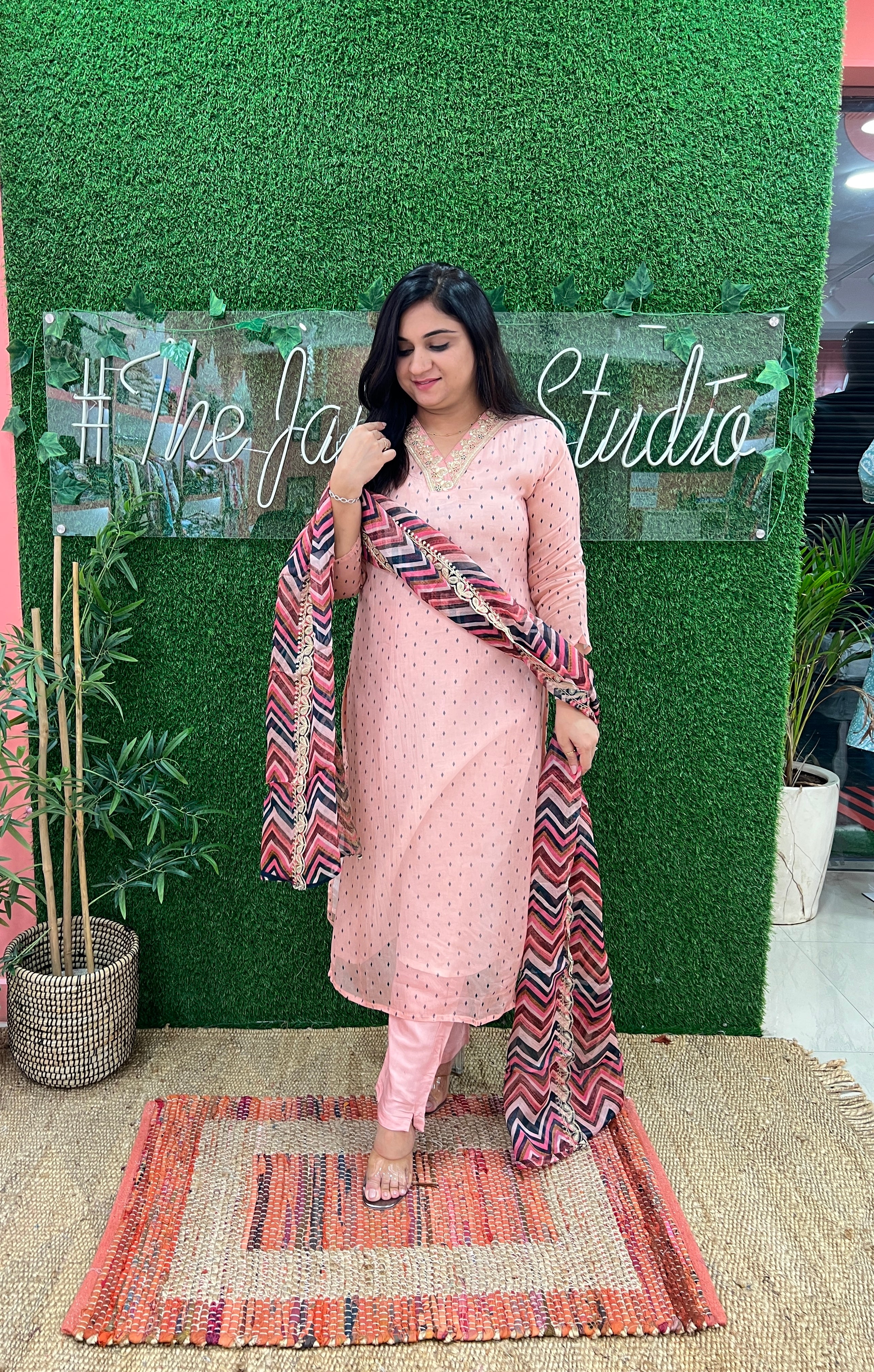 Russian Silk Peach Embroidered Pant Set - The Jaipur Studio