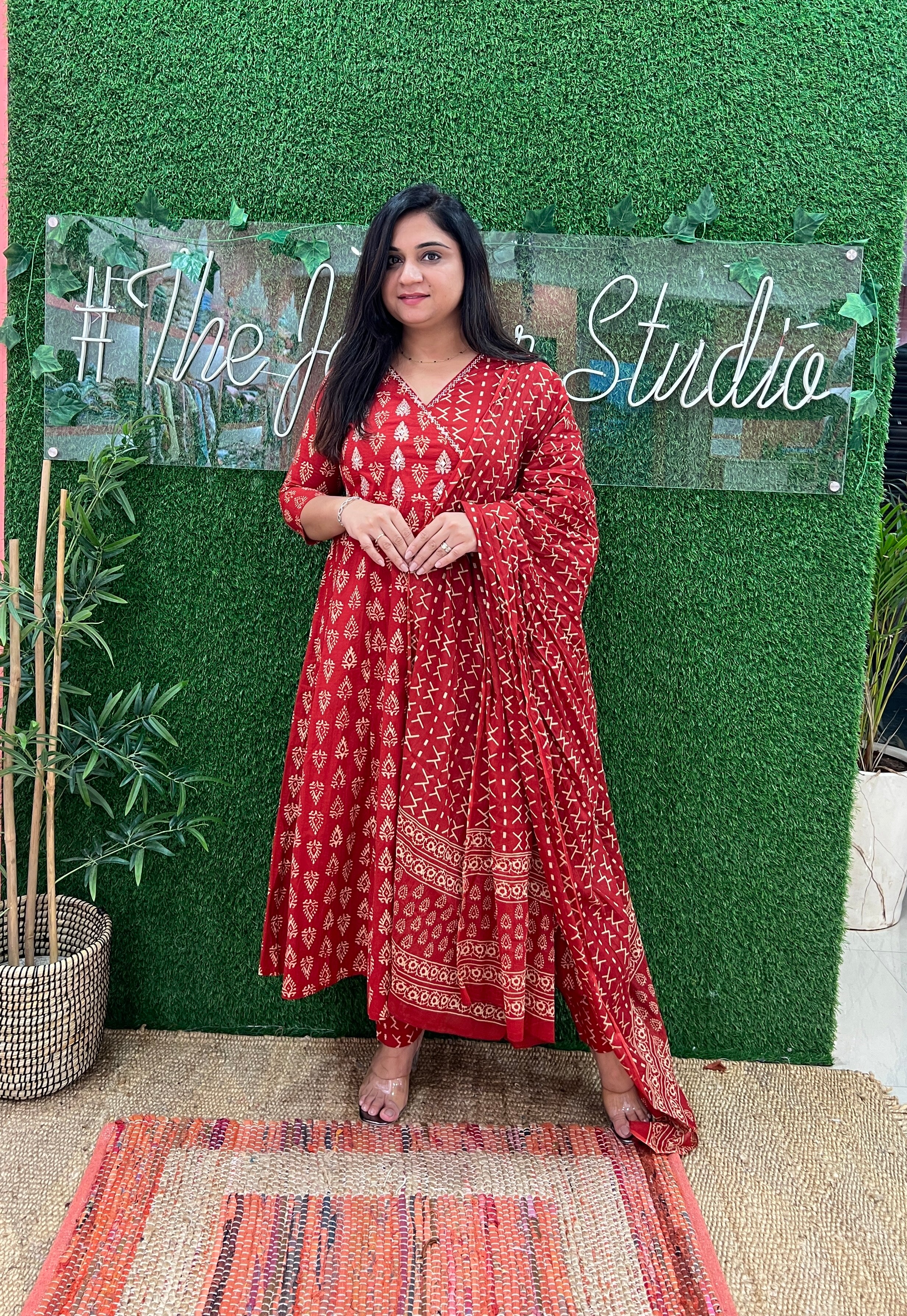 Cotton Red Angrakha Anarkali Pant Set - The Jaipur Studio