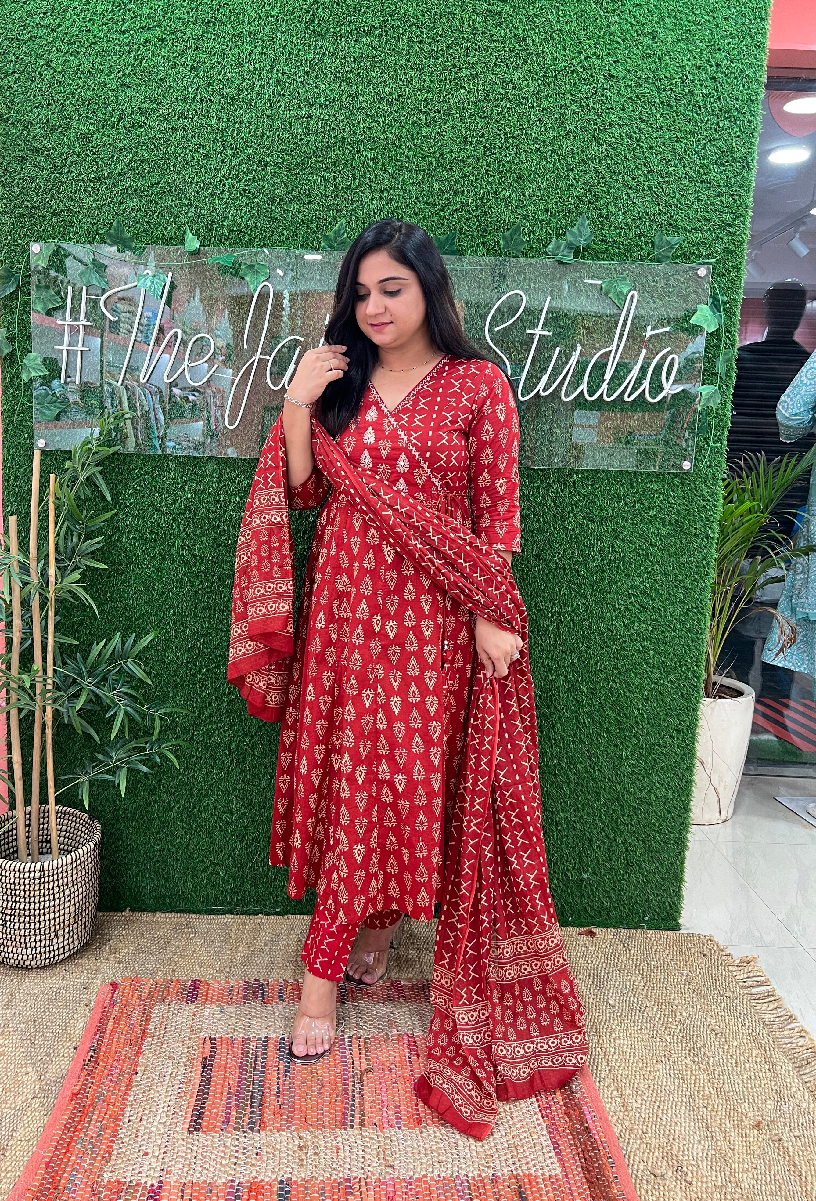 Cotton Red Angrakha Anarkali Pant Set - The Jaipur Studio