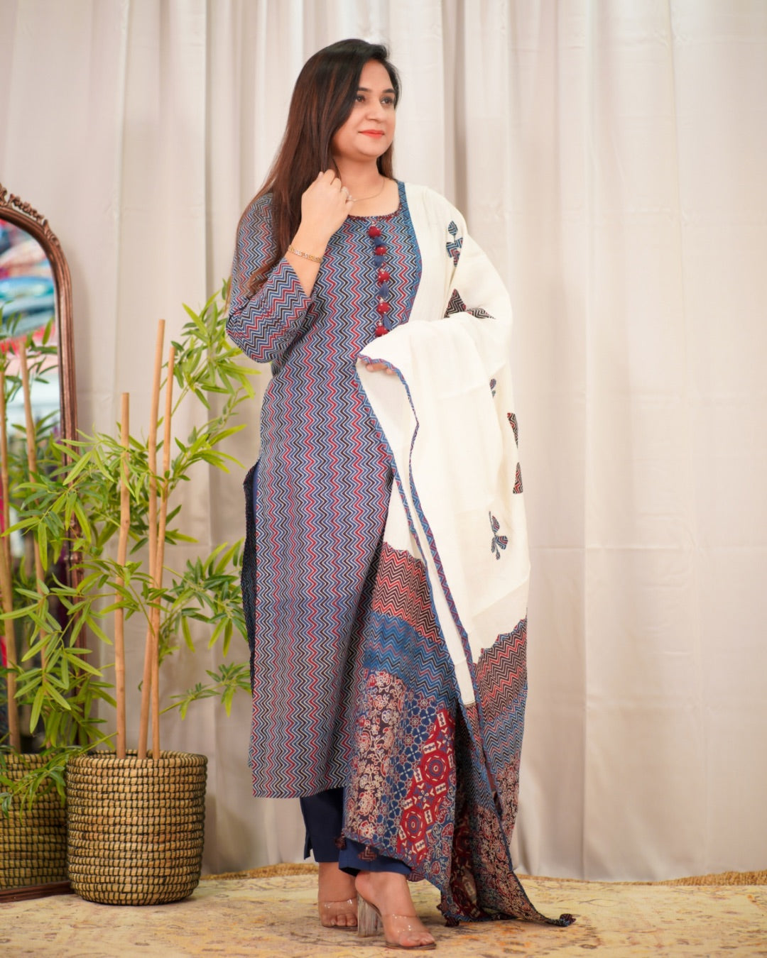 Blue Zigzag Cotton Pant Set with Ajrakh Appliqué work Dupatta