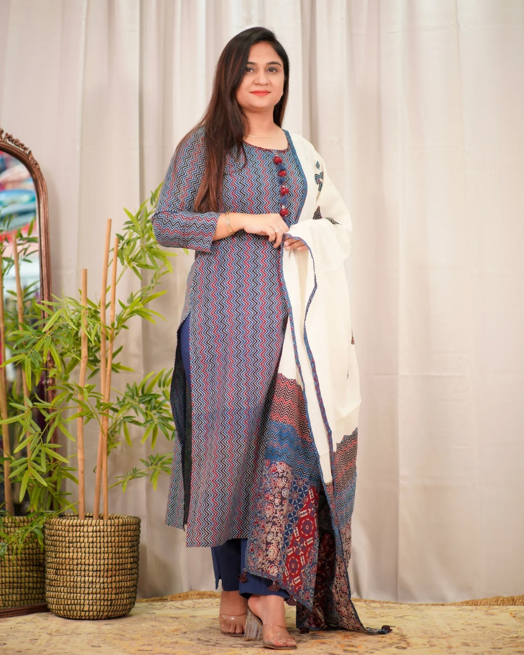 Blue Zigzag Cotton Pant Set with Ajrakh Appliqué work Dupatta