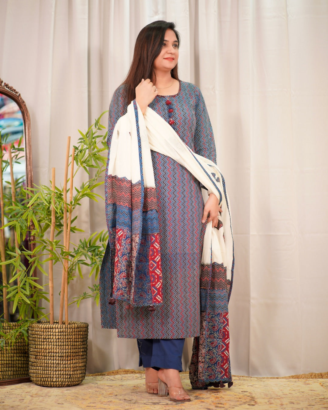 Blue Zigzag Cotton Pant Set with Ajrakh Appliqué work Dupatta