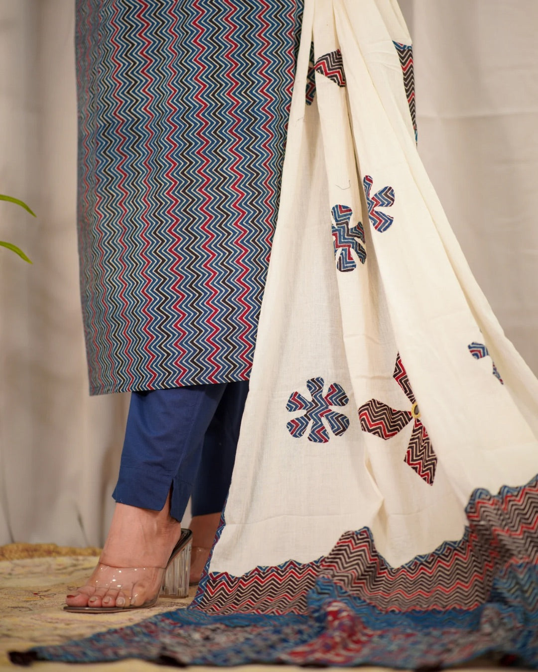 Blue Zigzag Cotton Pant Set with Ajrakh Appliqué work Dupatta