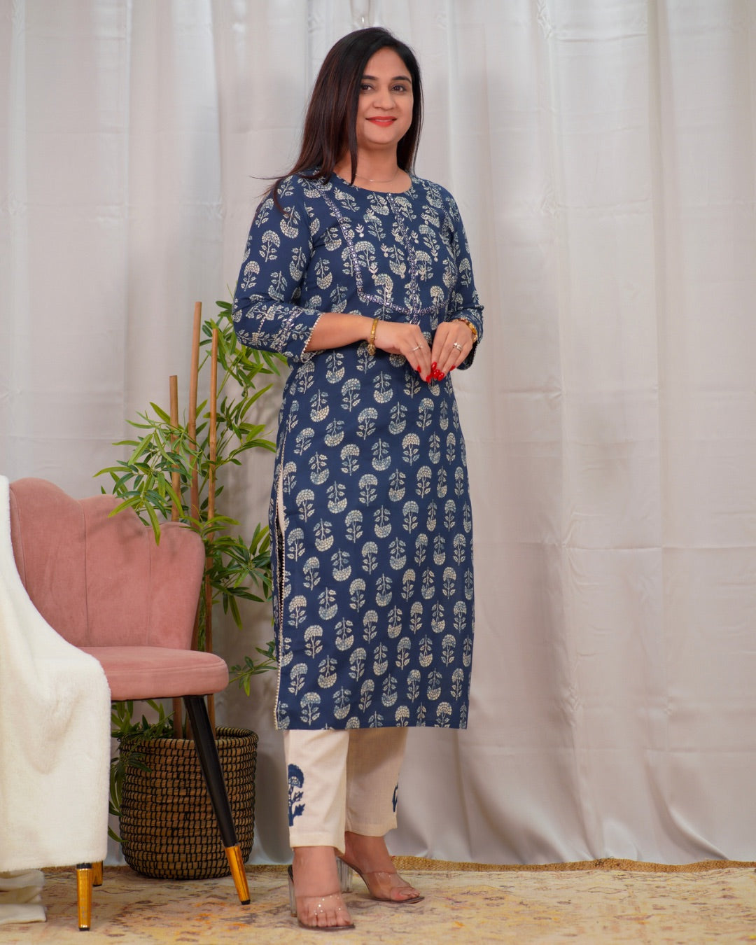 Indigo Cotton Embroidered Casual Pant Set