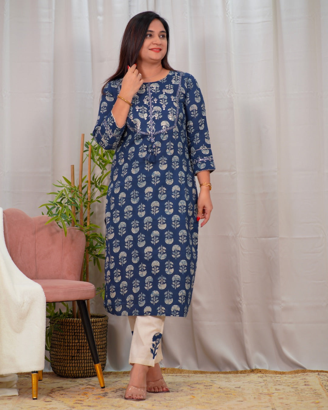 Indigo Cotton Embroidered Casual Pant Set