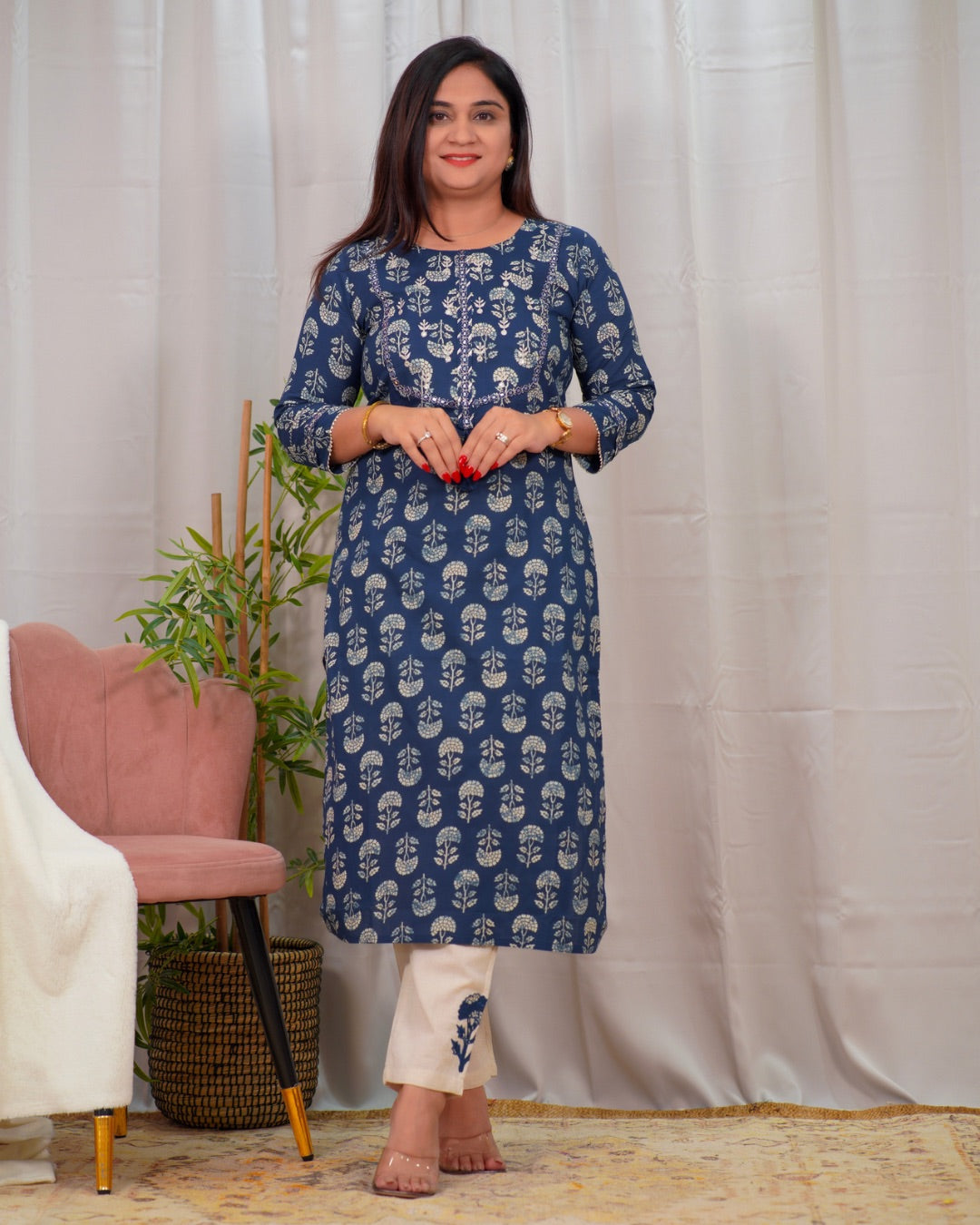 Indigo Cotton Embroidered Casual Pant Set