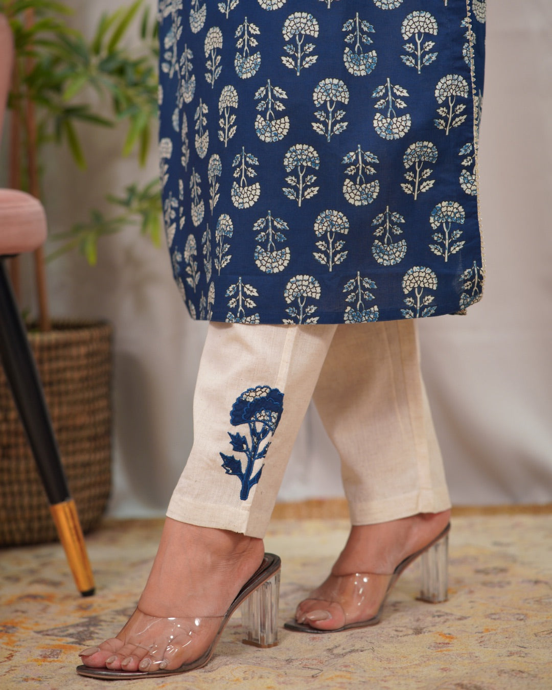 Indigo Cotton Embroidered Casual Pant Set