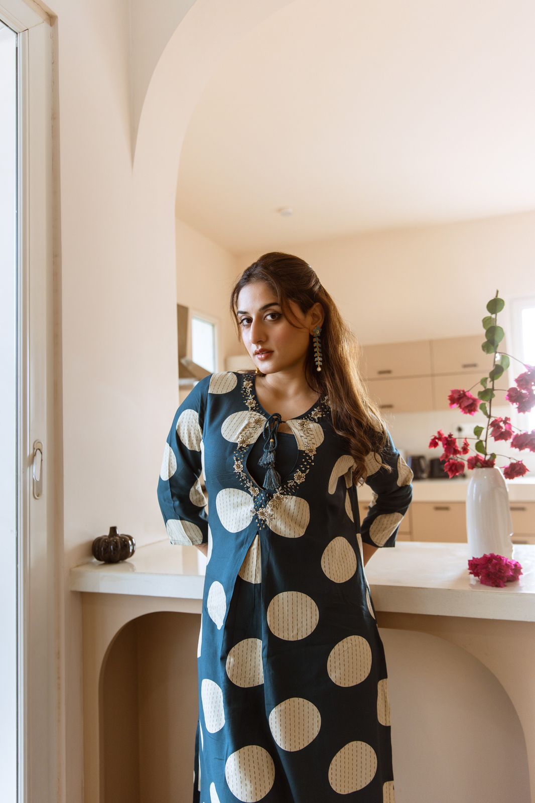 Polka Print Rayon HandEmbroidered Divider Set - The Jaipur Studio