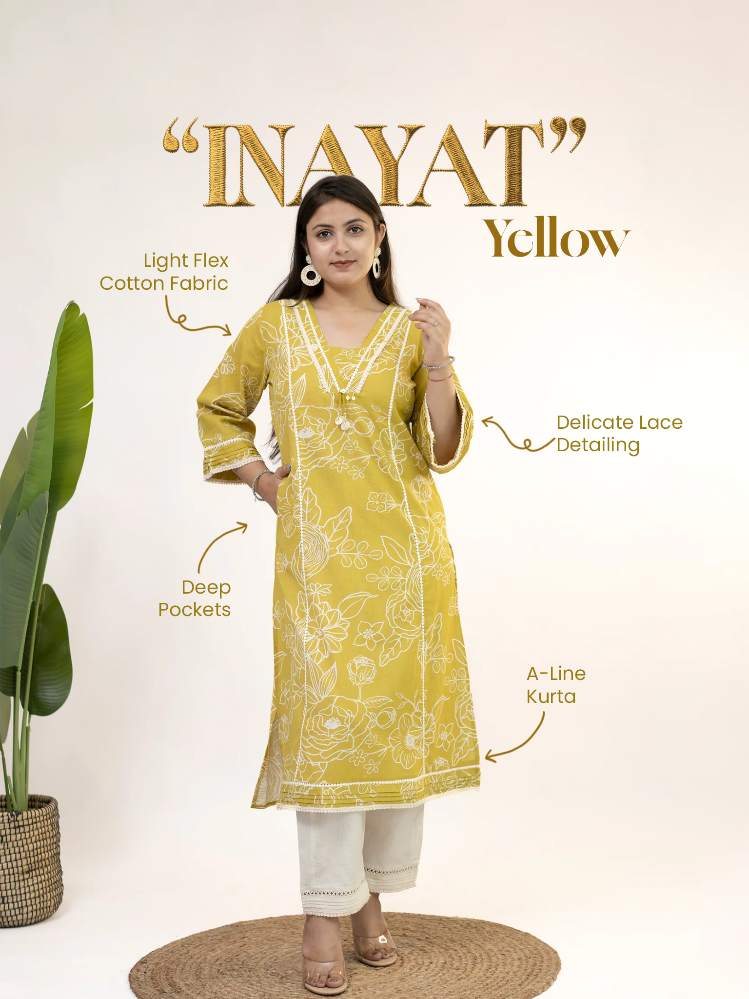 Inayat Yellow Cotton Lace Deatialed A-line Kurta Set