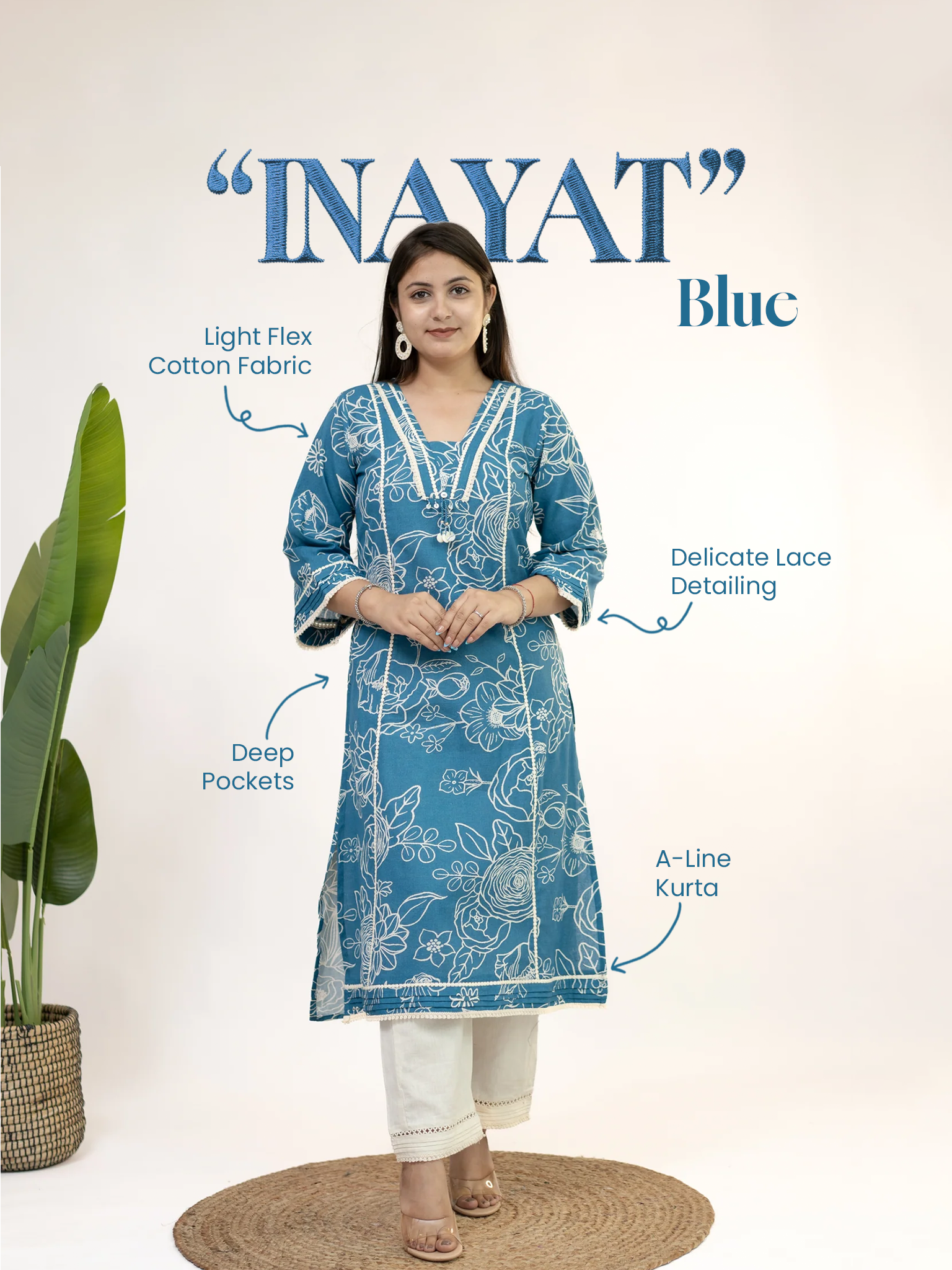 Inayat Blue Cotton Lace Deatialed A-line Kurta Set
