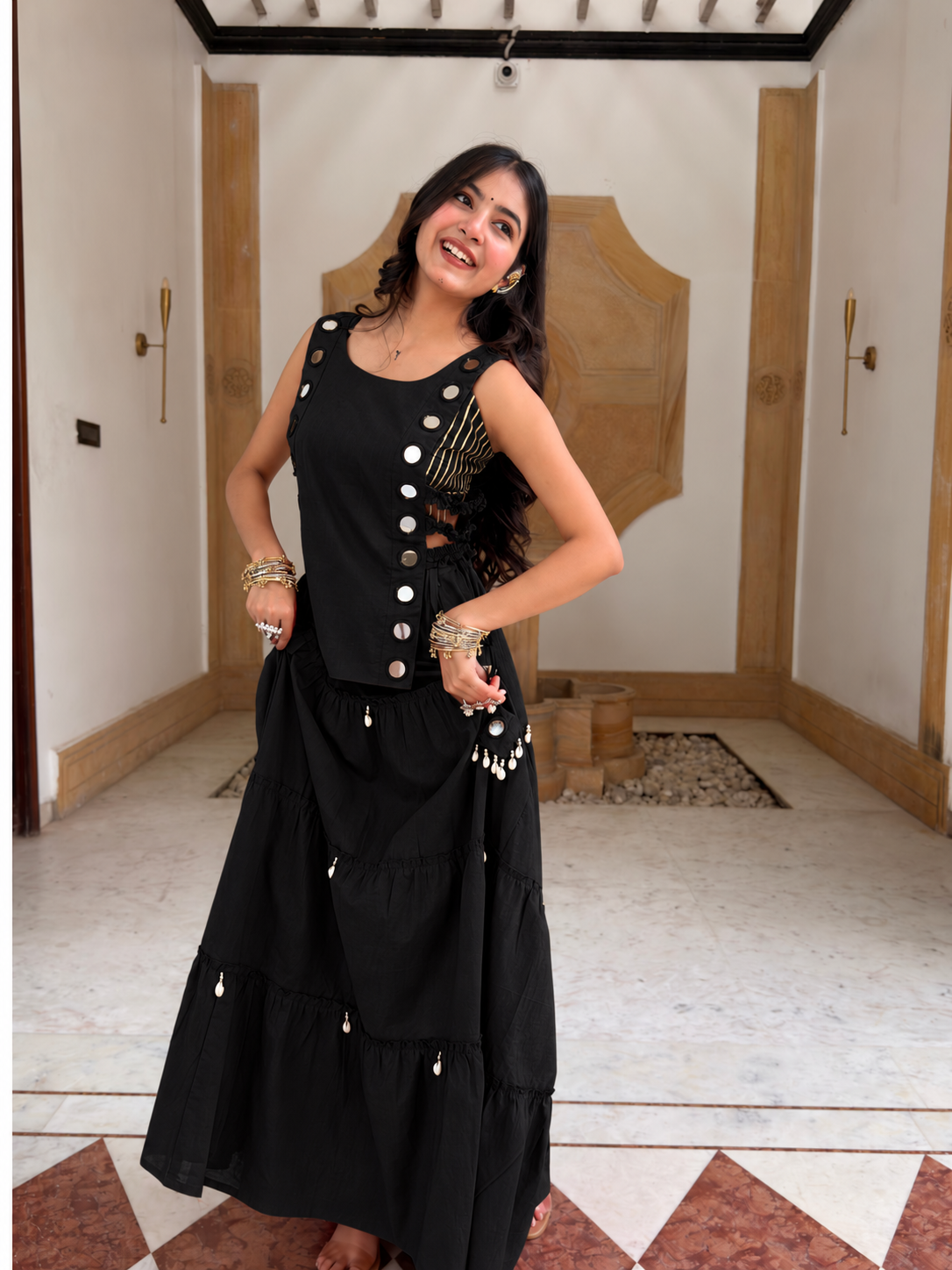 Niyati Deep Black Cotton Festive Hand Detailed Skirt Set