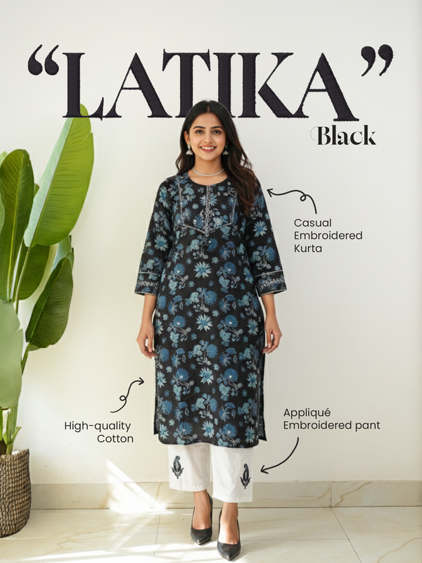 Latika Black Cotton Applique Embroidered Casual Pant Set