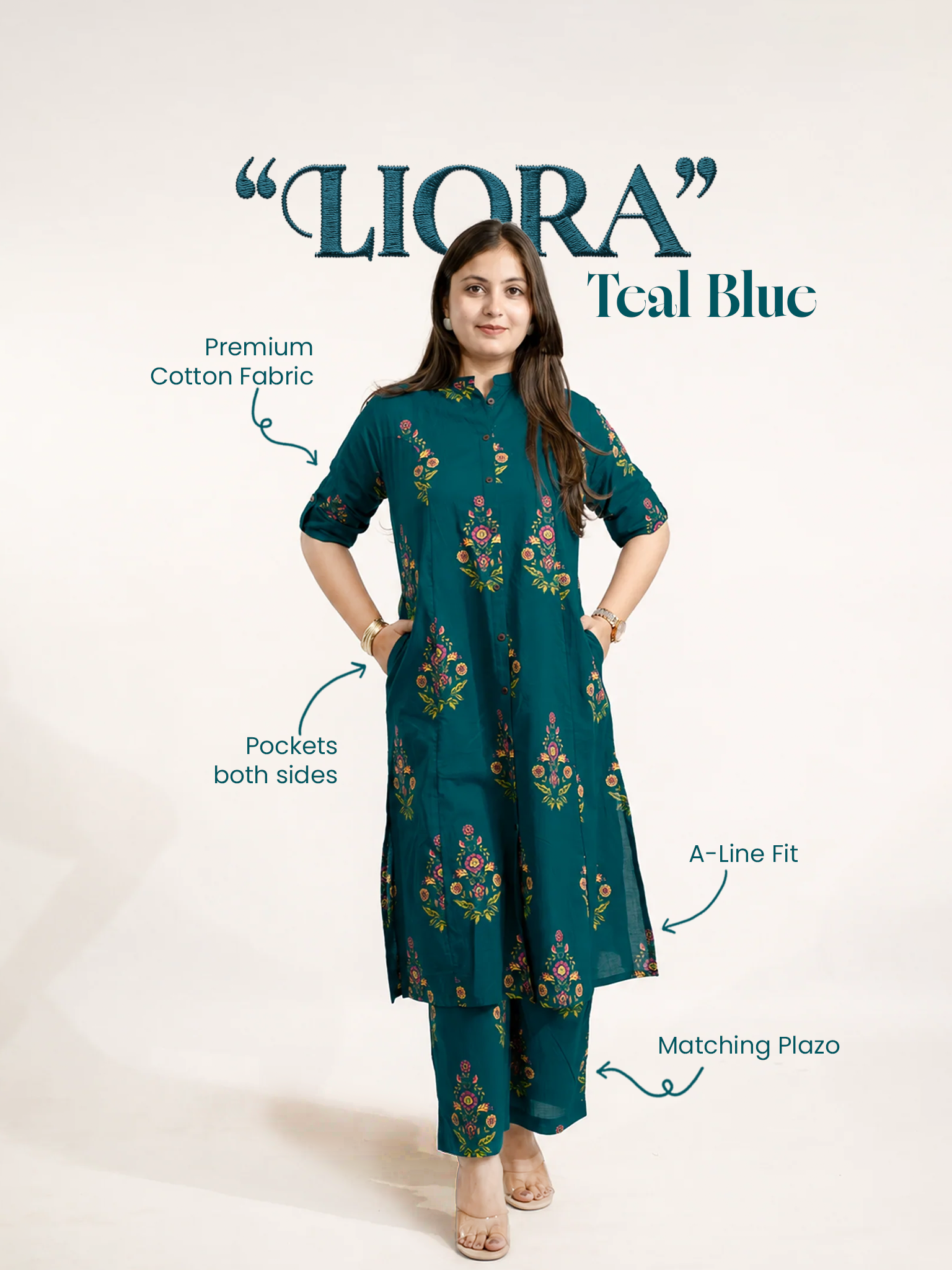 Liora Blue Floral A-line Cotton Kurta Set