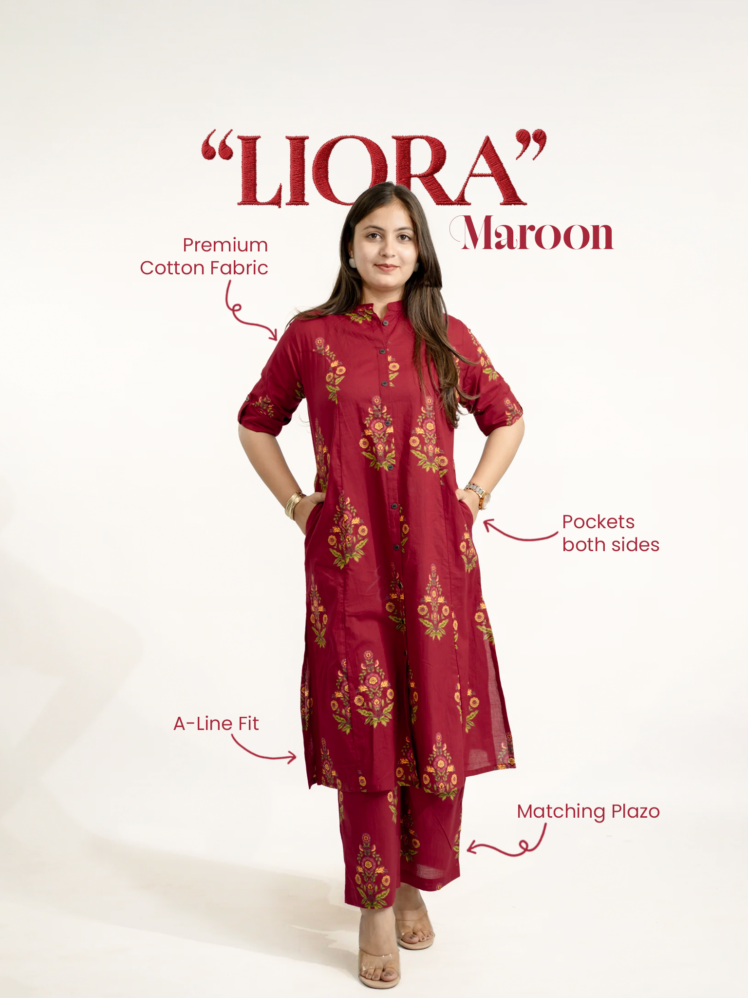 Liora Maroon Floral A-line Cotton Kurta Set