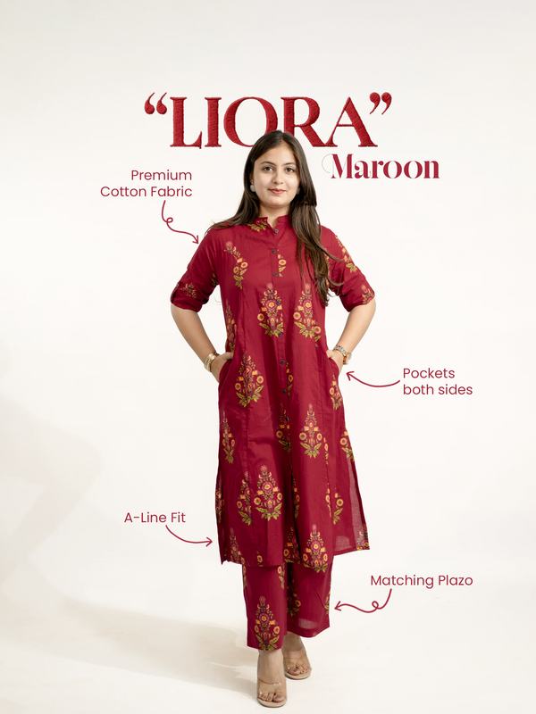 Liora Maroon Floral A-line Cotton Kurta Set
