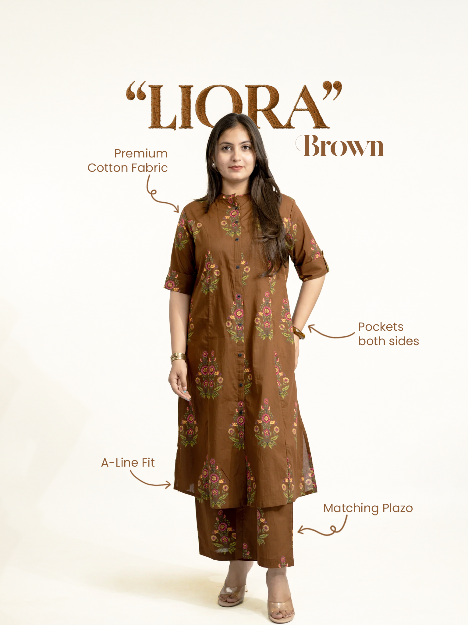 Liora Brown Floral A-line Cotton Kurta Set