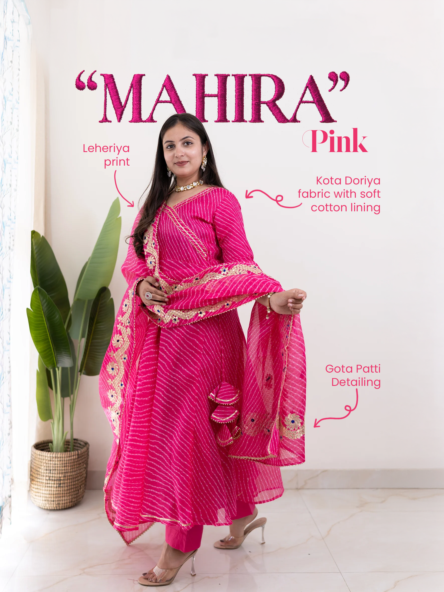 Mahira Pink Kota Doria Leheriya Gotta Detailed Anarkali Dupatta Set