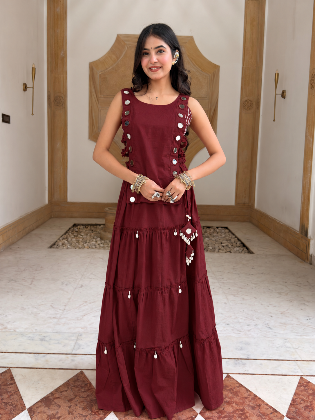 Niyati Maroon Cotton Festive Hand Detailed Skirt Set