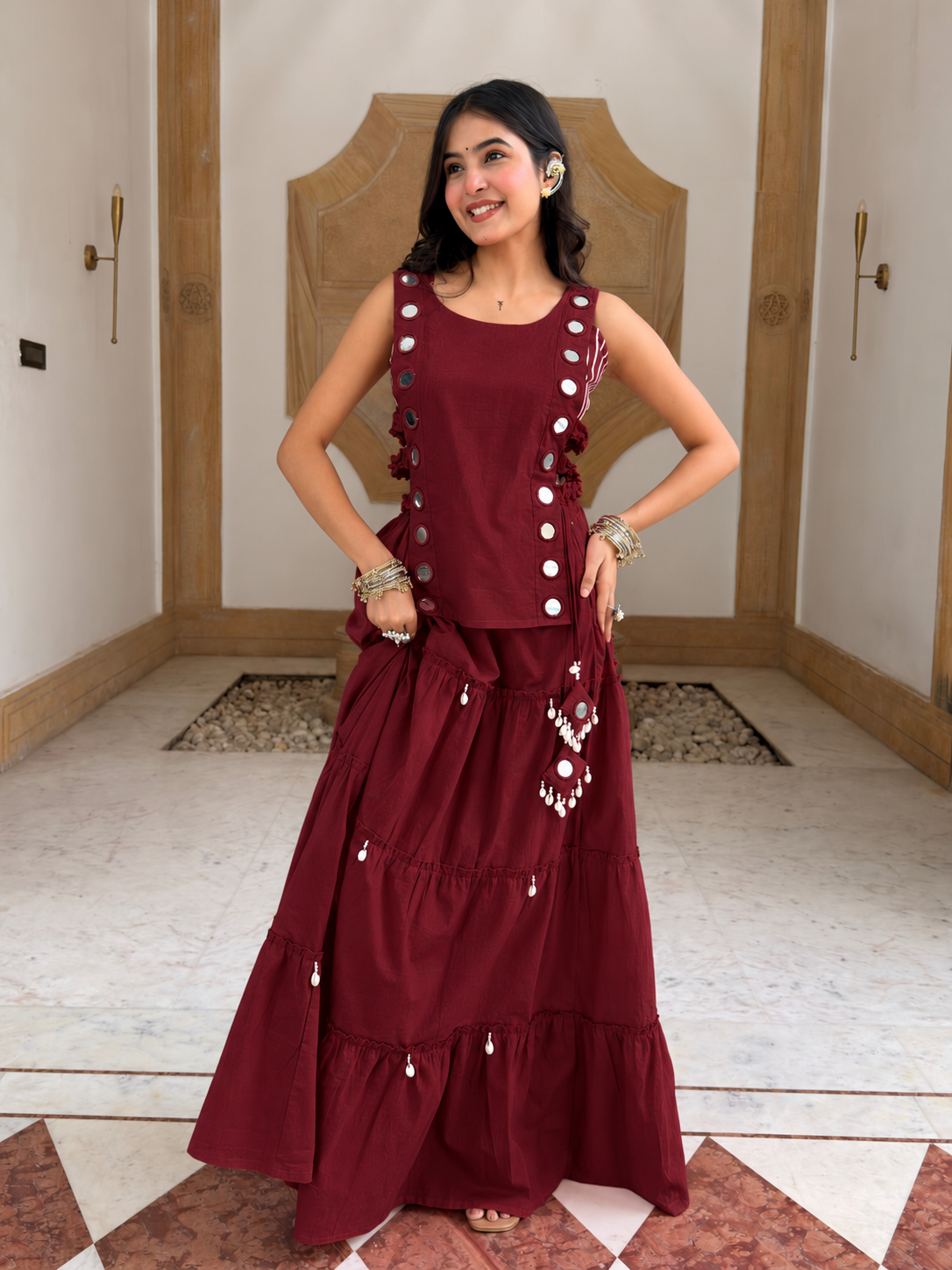 Niyati Maroon Cotton Festive Hand Detailed Skirt Set