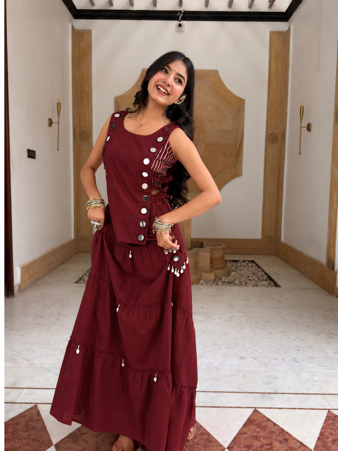 Niyati Maroon Cotton Festive Hand Detailed Skirt Set