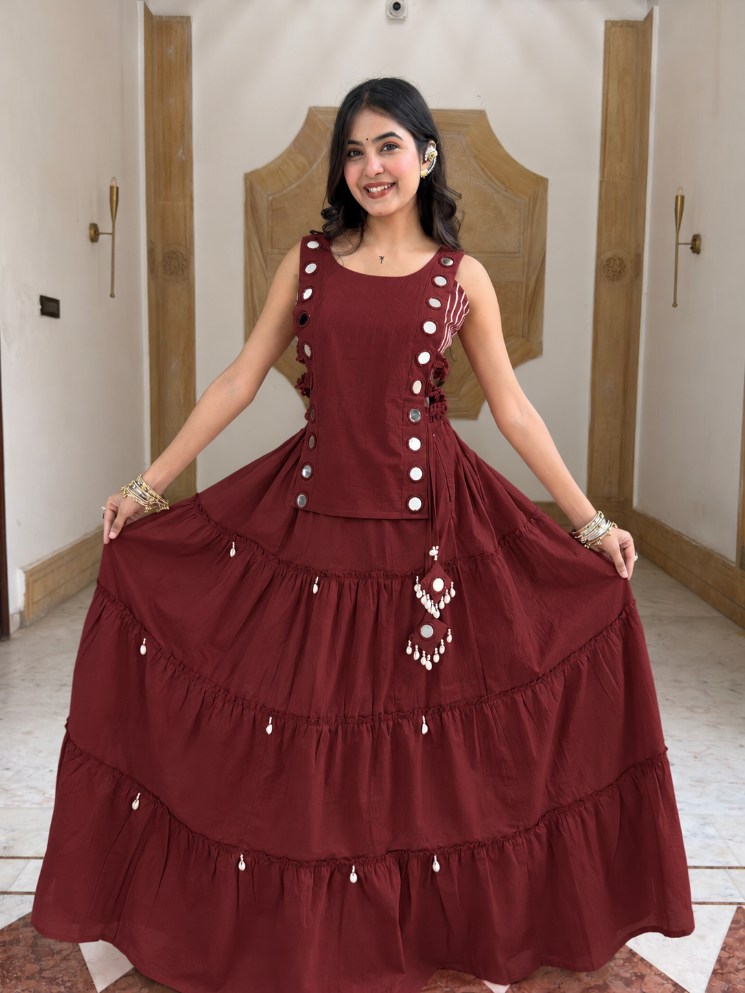 Niyati Maroon Cotton Festive Hand Detailed Skirt Set