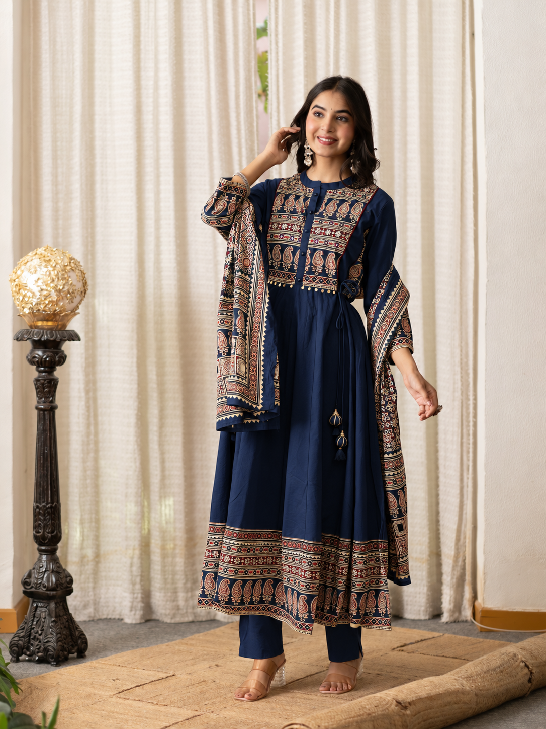 Savina Blue Cotton HanEmbroidered Anarkali Dupatta Set
