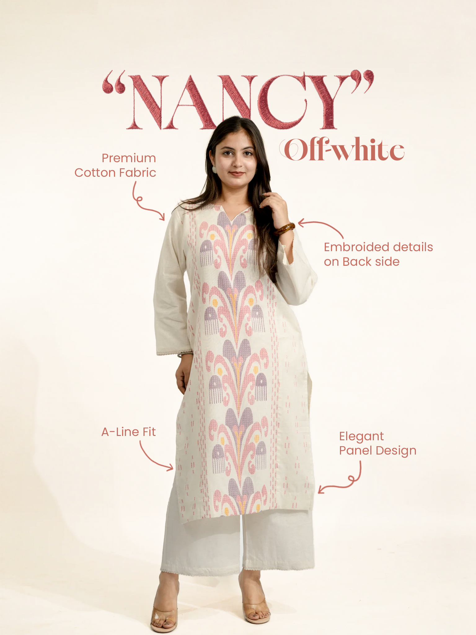 Nancy Offwhite-Pink A-line Cotton Kurta Set