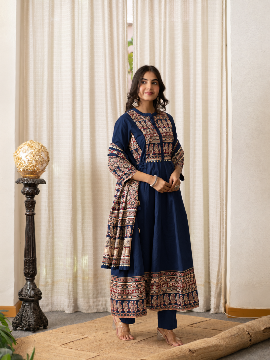 Savina Blue Cotton HanEmbroidered Anarkali Dupatta Set