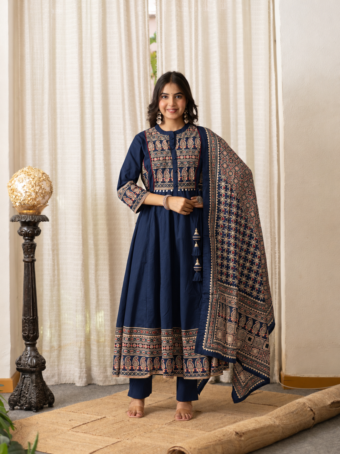 Savina Blue Cotton HanEmbroidered Anarkali Dupatta Set