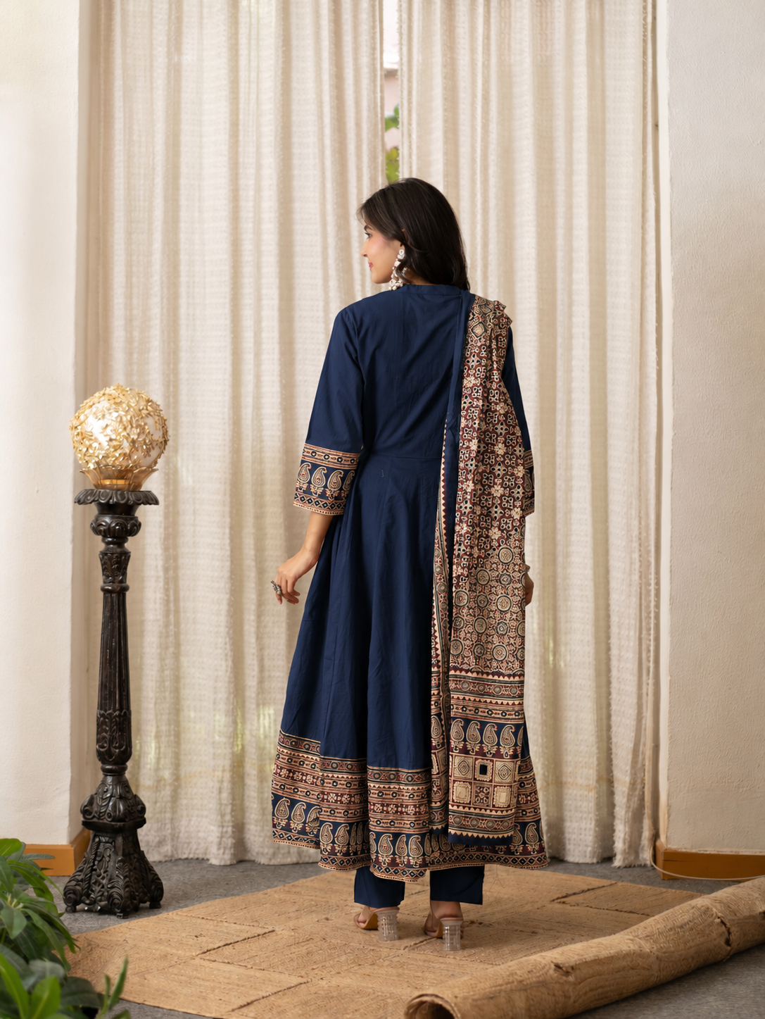 Savina Blue Cotton HanEmbroidered Anarkali Dupatta Set