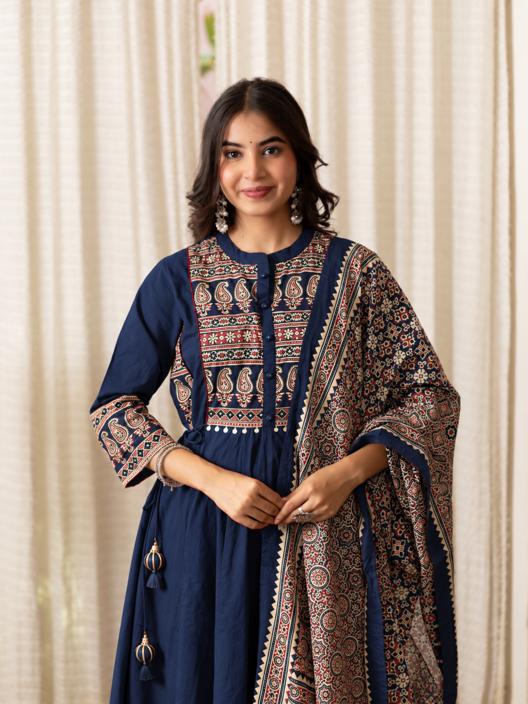 Savina Blue Cotton HanEmbroidered Anarkali Dupatta Set