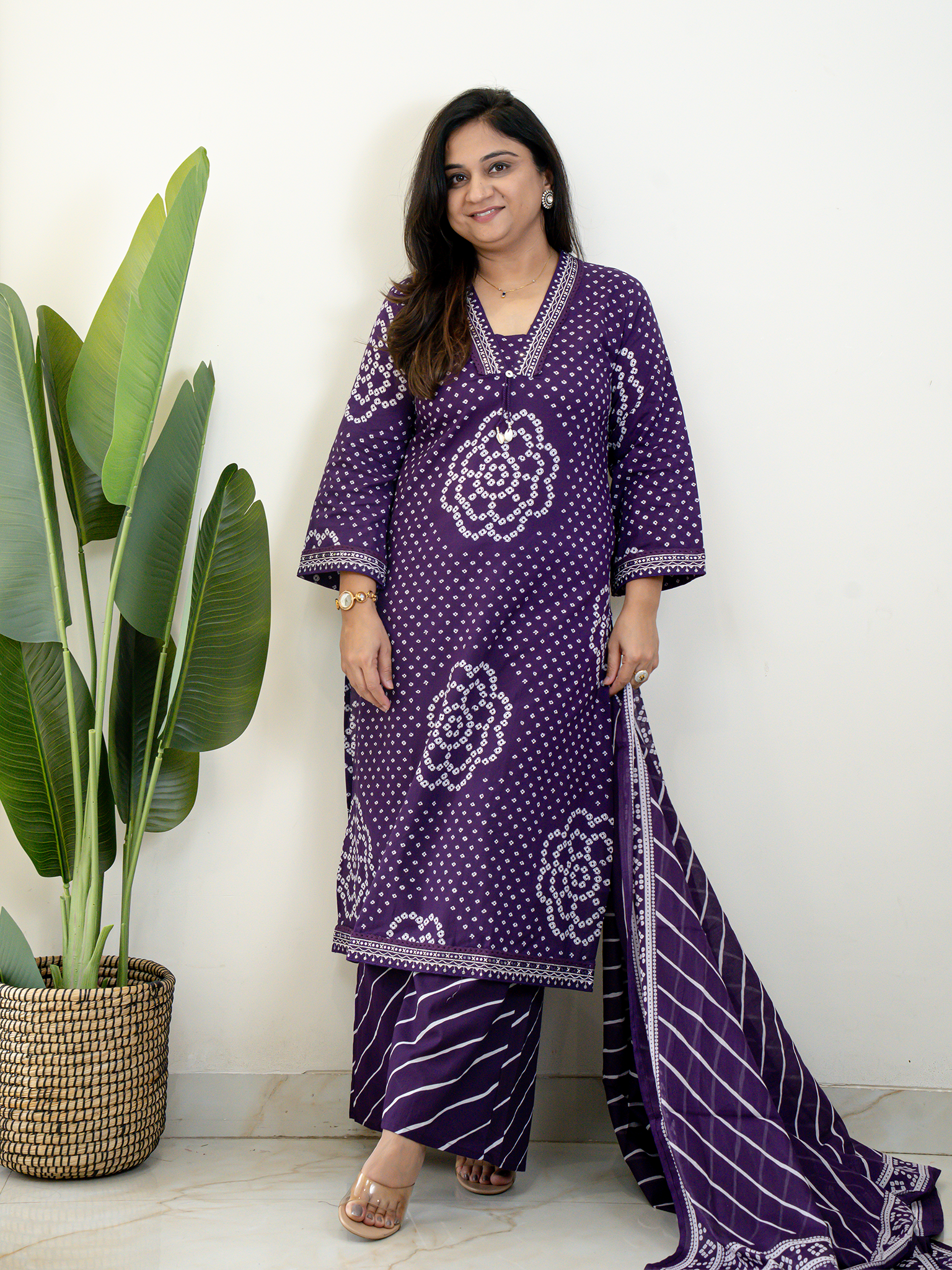 Srisha Purple Cotton Bandhani Leheriya Dupatta Set