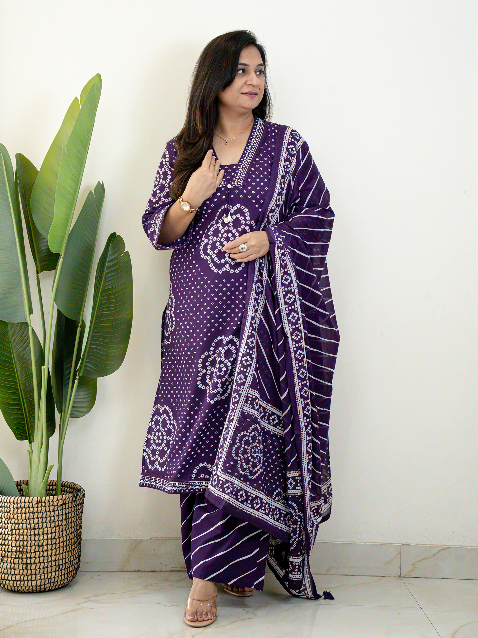 Srisha Purple Cotton Bandhani Leheriya Dupatta Set