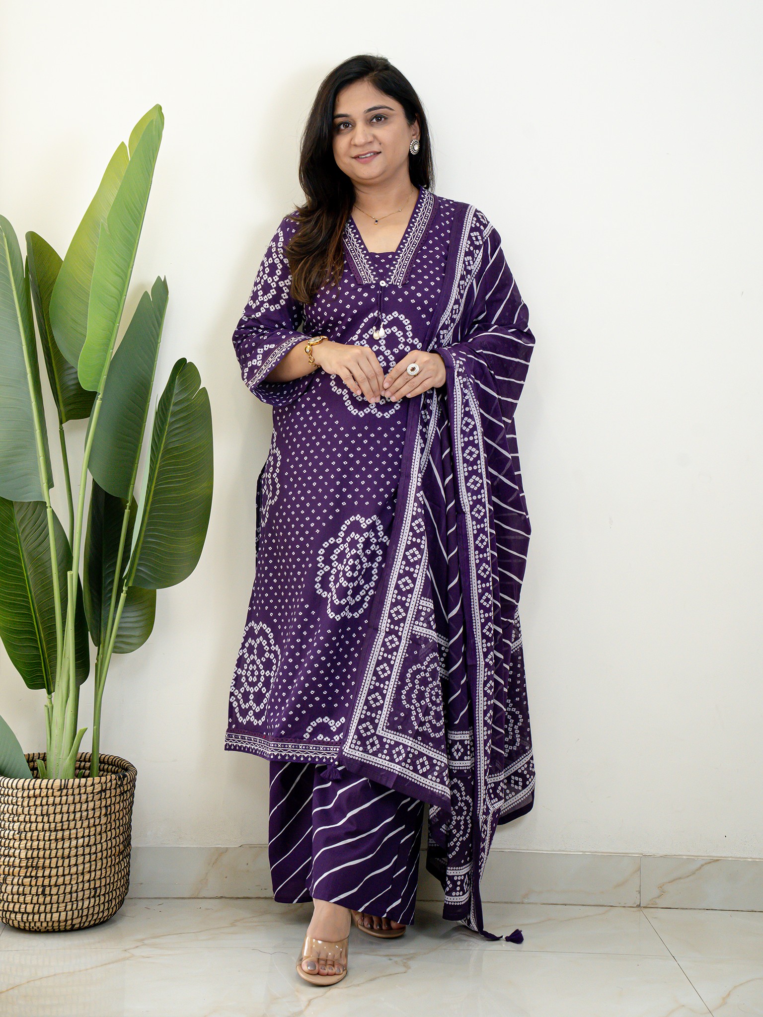 Srisha Purple Cotton Bandhani Leheriya Dupatta Set
