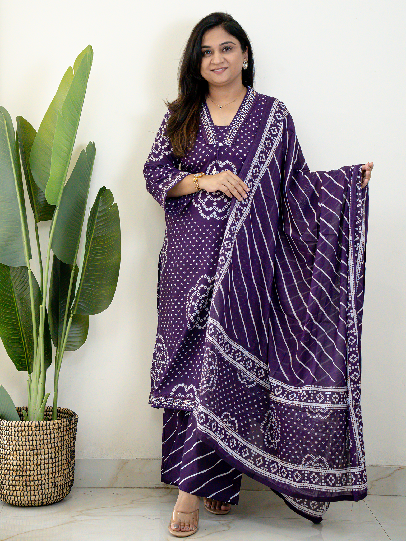 Srisha Purple Cotton Bandhani Leheriya Dupatta Set