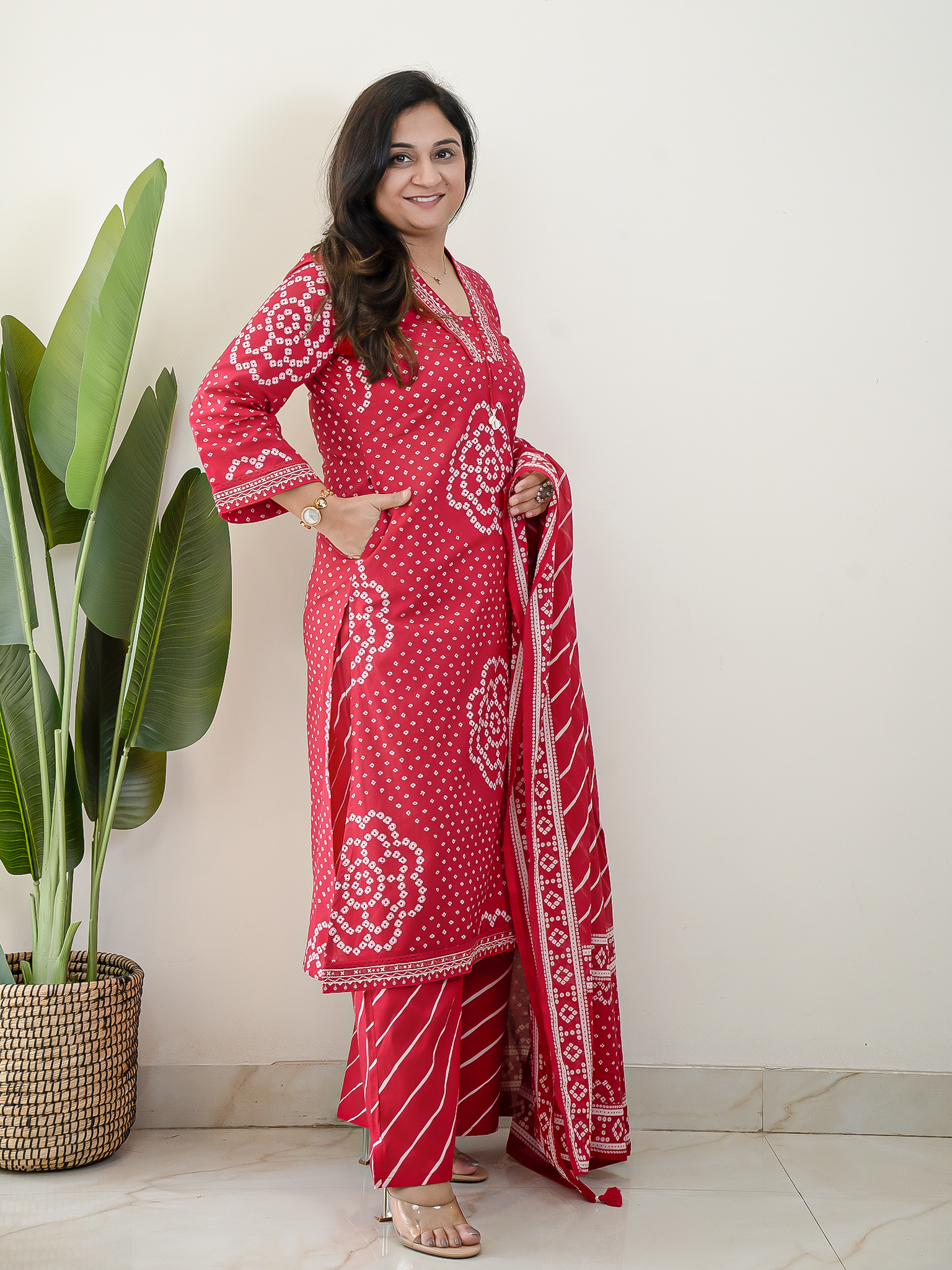 Srisha Pink Cotton Bandhani Leheriya Dupatta Set