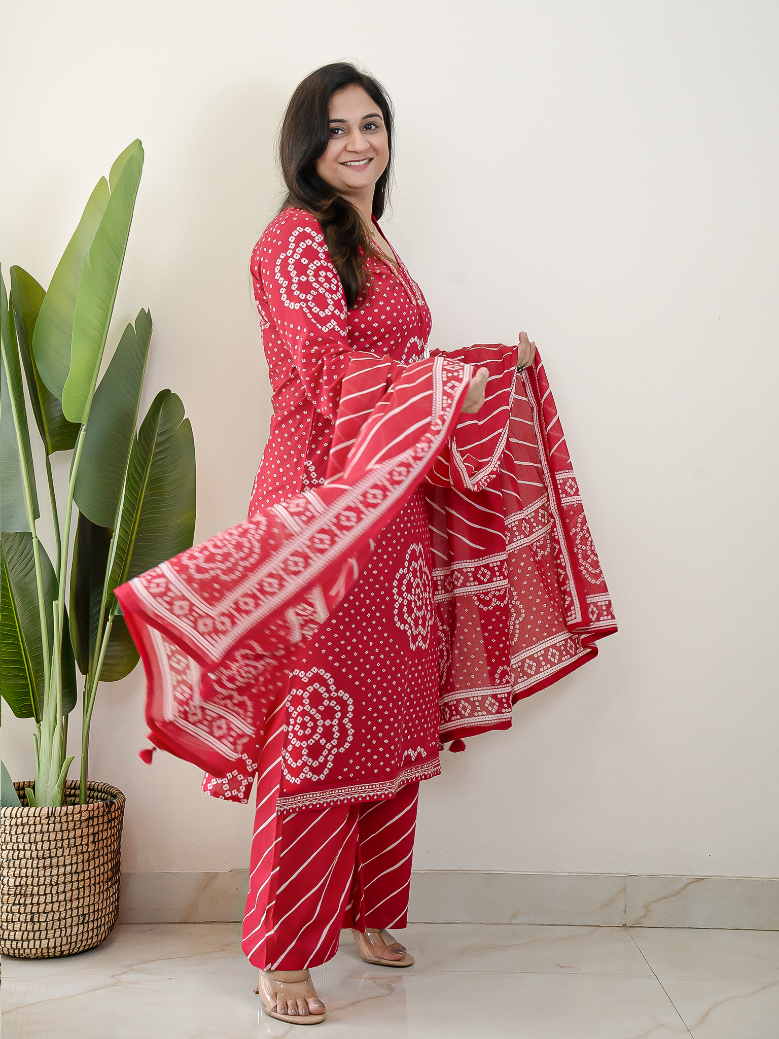 Srisha Pink Cotton Bandhani Leheriya Dupatta Set