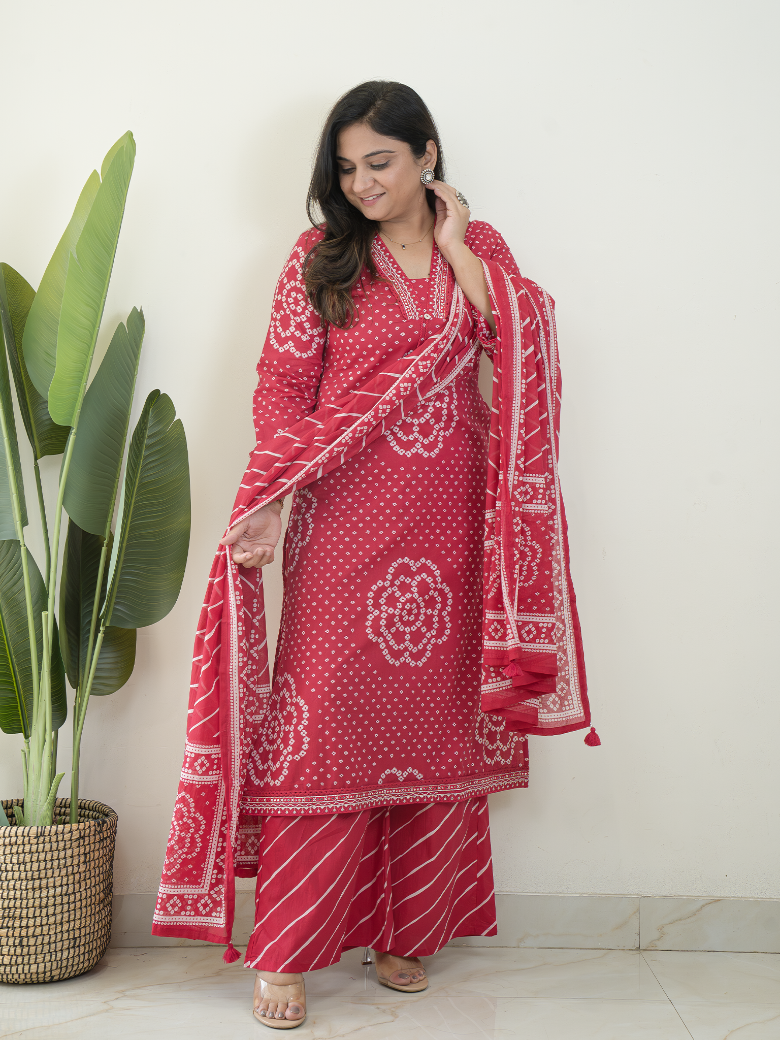 Srisha Pink Cotton Bandhani Leheriya Dupatta Set