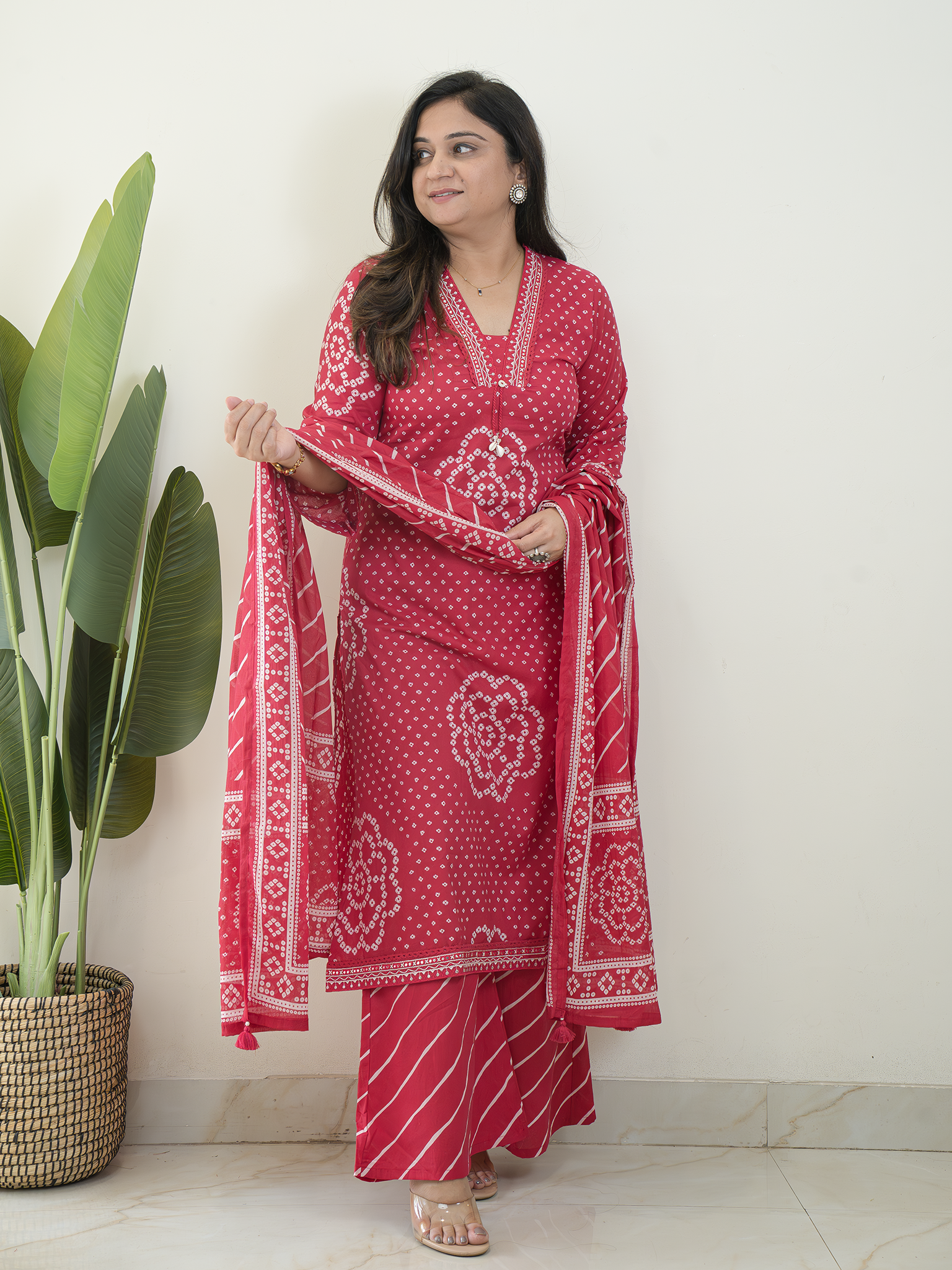 Srisha Pink Cotton Bandhani Leheriya Dupatta Set