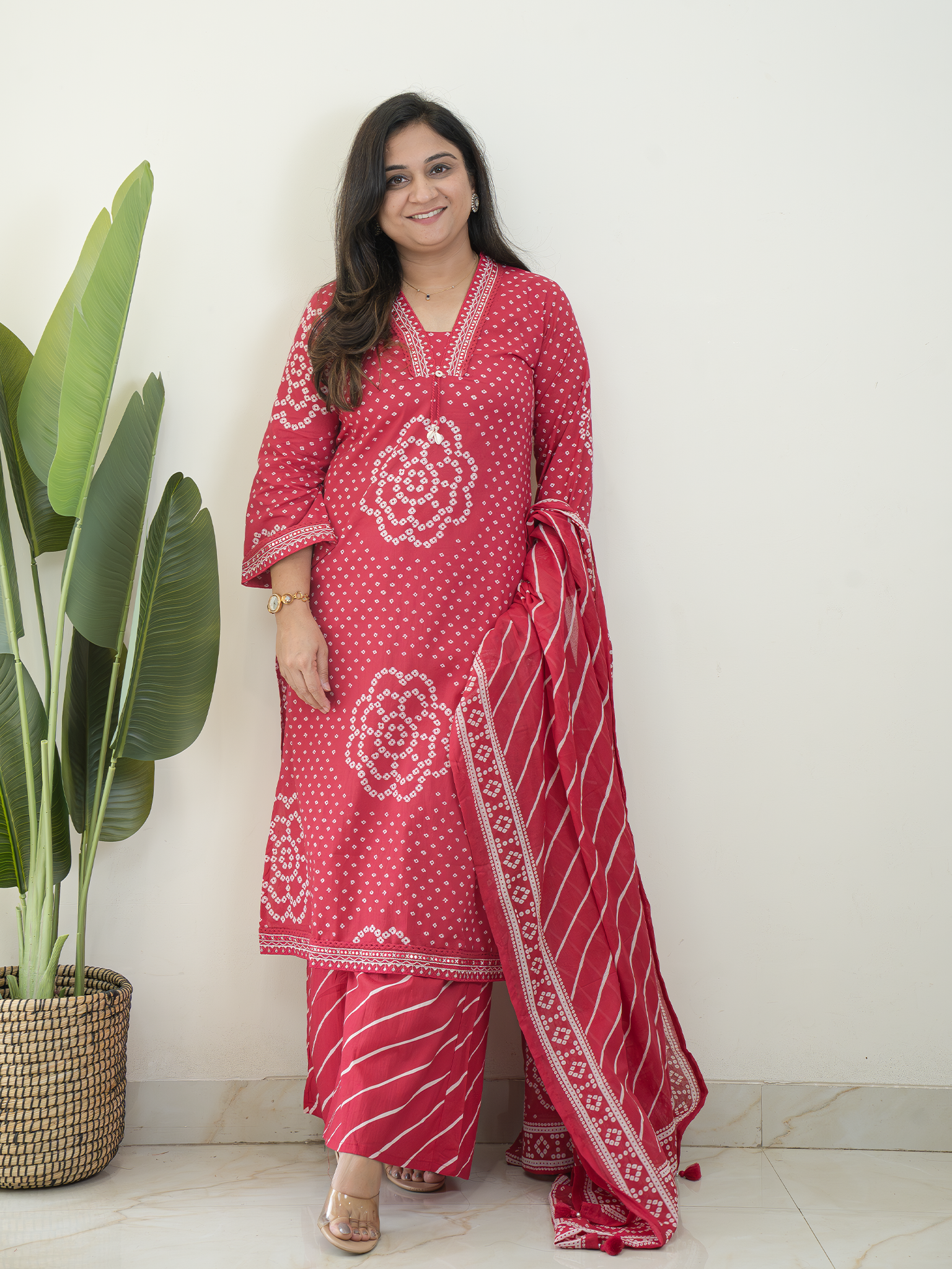 Srisha Pink Cotton Bandhani Leheriya Dupatta Set