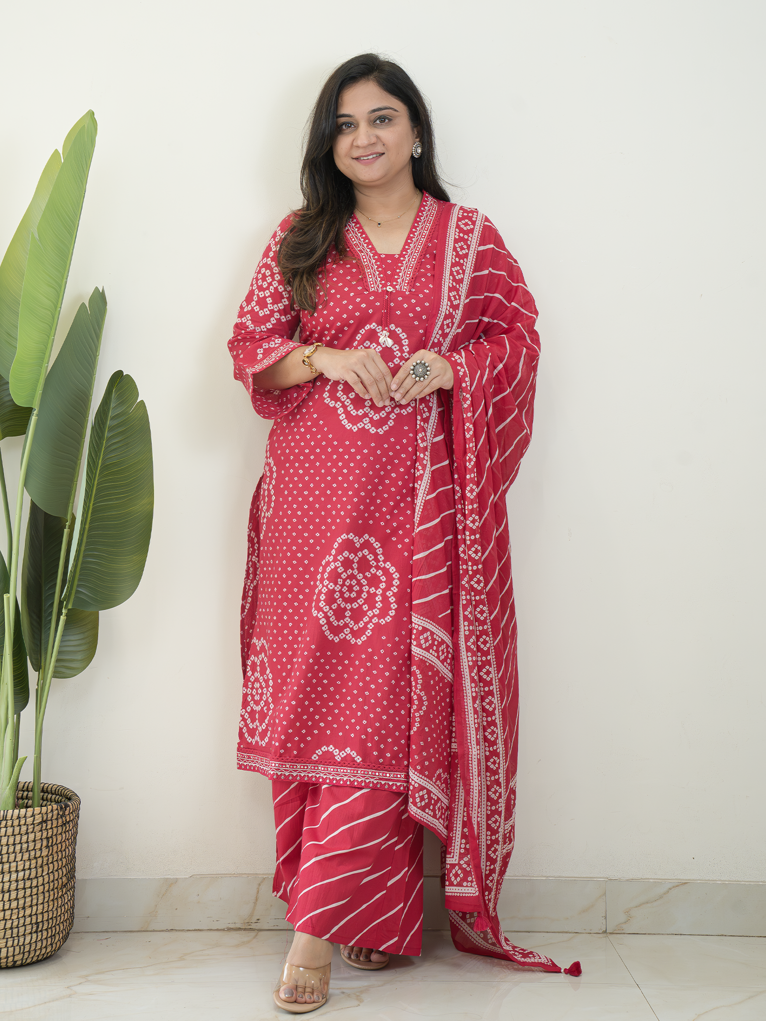 Srisha Pink Cotton Bandhani Leheriya Dupatta Set