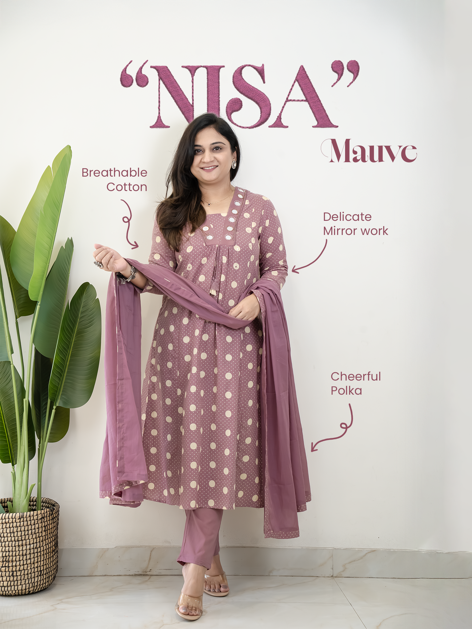 Nisa Mauve Polka Mirror Detailed A-line Dupatta Set