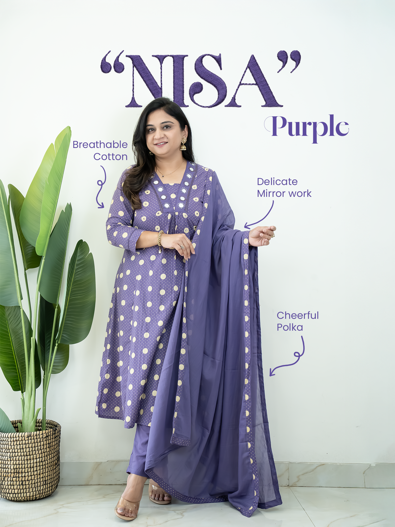 Nisa Purple Polka Mirror Detailed A-line Dupatta Set